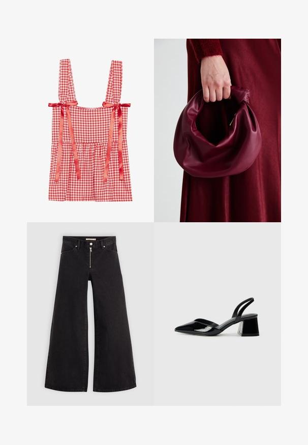 Top de gingham vermelho e branco com alças largas atadas com fitas de cetim, corpete franzido e barra ampla, feito de uma mistura leve de algodão.; Calças de ganga de perna larga em denim preto com fecho éclair à frente, design de cinco bolsos e detalhes de costura subtil. Textura suave e estilo casual.; Sandy em verniz preto com salto slingback, ponta afilada e salto geométrico. Apresenta um design elegante e minimalista com textura suave.; Bolsa de couro bordô com um design suave e franzido, e uma forma arredondada. A alça é fixa, apresentando uma textura suave.