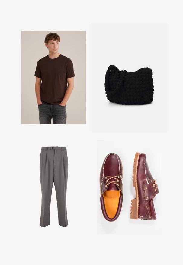 Brūns īsām piedurknēm T-krekls no mīksta kokvilnas ar klasisku apaļu izgriezumu. Saskaņots ar pelēkiem džinsiem, kuriem ir brīva piegriezuma un gluda tekstūra.; Pelēki plīsētie bikses no gludas auduma, ar taisnu griezumu, vienu pogu aizdari un jostas cilpiņām. Minimālisma dizains.; Burgundijas krāsas ādas apavi ar brūniem gumijas zole, apaļiem purngalu, baltu šuvumu un zelta caurumiem. Iekšpusei ir dzeltena oderējums.; Melnas auduma soma ar strukturētu, quiltotu rakstu. Apaļa forma, īsas, resnas rokturi un mīksta, elastīga konstrukcija.