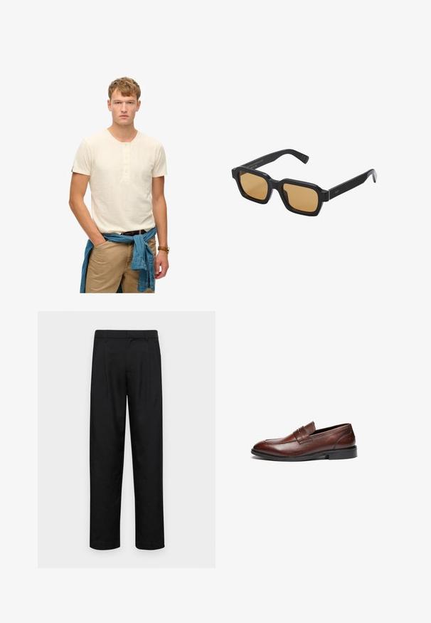 Lys beige kortærmet T-shirt med henley-hals og tre knapper; båret med beige bukser og en blå denimskjorte bundet om livet.; Sorte bukser lavet af glat stof, med et lige ben-design, to frontfolder og en standard talje med bæltestropper.; Brune læder loafers med en glat finish, rund tå, dekorativ rem og sort gummisål. Har minimal syning detaljer.; Mislykkedes at generere alt-tekst; Canvas tote bag i off-white, med korte håndtag og teksten "LES DEUX" trykt i fede sorte bogstaver. Holdbart, simpelt design.