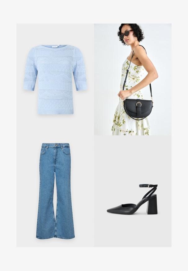 Light blue knitted sweater with short sleeves, featuring varying textured patterns and ribbed edges. Rounded neckline and breathable design.; Light blue flared jeans made of denim, featuring a high waist, five pockets, and a single button closure. Soft texture with faded finish.; Black leather pointy-toe pump with an ankle strap and a chunky heel. Flat texture, sleek design, and minimalistic aesthetics.; Black leather handbag with a curved shape, detachable strap, and gold hardware. The bag features a flap with a buckle detail.
