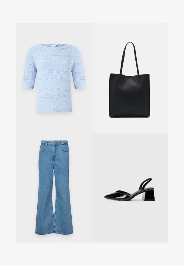 Világoskék kötött pulóver rövid ujjakkal, különböző textúrájú mintákkal és bordás széllel. Kerek nyakkivágás és lélegző kialakítás.; Világoskék, trapézszárú farmernadrág, magas derékkal, öt zsebbel és egy gombos záródással. Puha tapintású, magasított effektusú anyag.; Fekete lakk bőr szandálkés magas sarkú cipő, hegyes orral és geometrikus tömbsarkakkal. Karcsú, minimalista dizájn és sima textúra jellemzi.; Fekete bőrtáska sima felszínnel, téglalap alakú, két hosszú füllel. Nincs látható fémkiegészítő vagy díszítés.