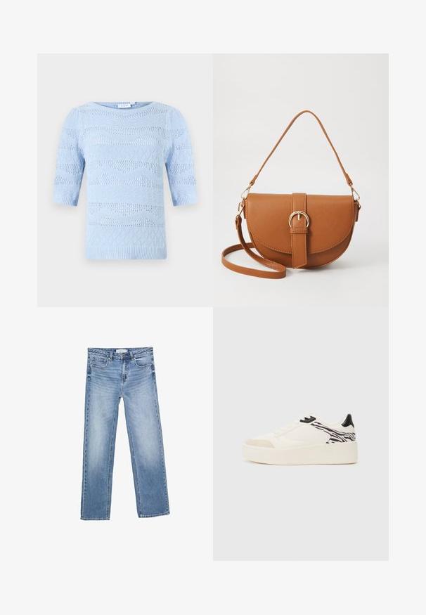 Svetlo modra pletena majica s kratkimi rokavi, ki ima različne teksturirane vzorce in ribane robove. Okrogla izreza in zračna zasnova.; Modre kavbojke ravnega kroja, z blagim pranjjem, petimi žepi in klasičnim gumbom. Iz bombažnega materiala z opaznim šivom.; Even&Odd Športni copati - white/black; Rjava usnjena torbica prek telesa s ukrivljeno obliko, zlate opreme in sponko. Ima odstranljiv naramni trak.