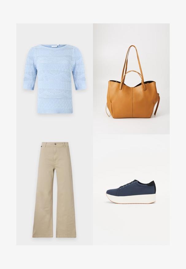 Light blue knitted sweater with short sleeves, featuring varying textured patterns and ribbed edges. Rounded neckline and breathable design.; Beige wide-leg trousers made of cotton. Features a button closure, belt loops, and side pockets. Smooth, sturdy texture with a classic design.; Navy blue sneaker with a textured fabric upper, white platform sole, rounded toe, and black heel accent. Features six eyelets for laces.; Tan leather tote bag with a textured finish, wide opening, and two long handles. Features a simple design and minimal hardware.
