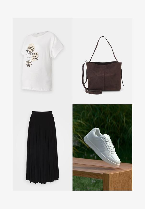 Valge puuvillane T-särk lühikeste varrukatega, mille esiosas on mustade joonistustega päike, lained ja kest.; Must mustriga seelik kõrge ja veniva vöökohaga. Valmistatud pehmest kangast, millel on vertikaalsed volangid voolava silueti saavutamiseks.; Valged sneakerd, millel on sile sünteetiline ülemine osa, väikeste aukudega varvaskast, lamedad paelad ja tekstuuriga tald, eksponeeritud puidust pinnal.; Pruun nubukist kott pehme tekstuuriga, millel on üks õlavarre rihm ja peene kumer ülemine ava. Nähtavaid metallosi pole.