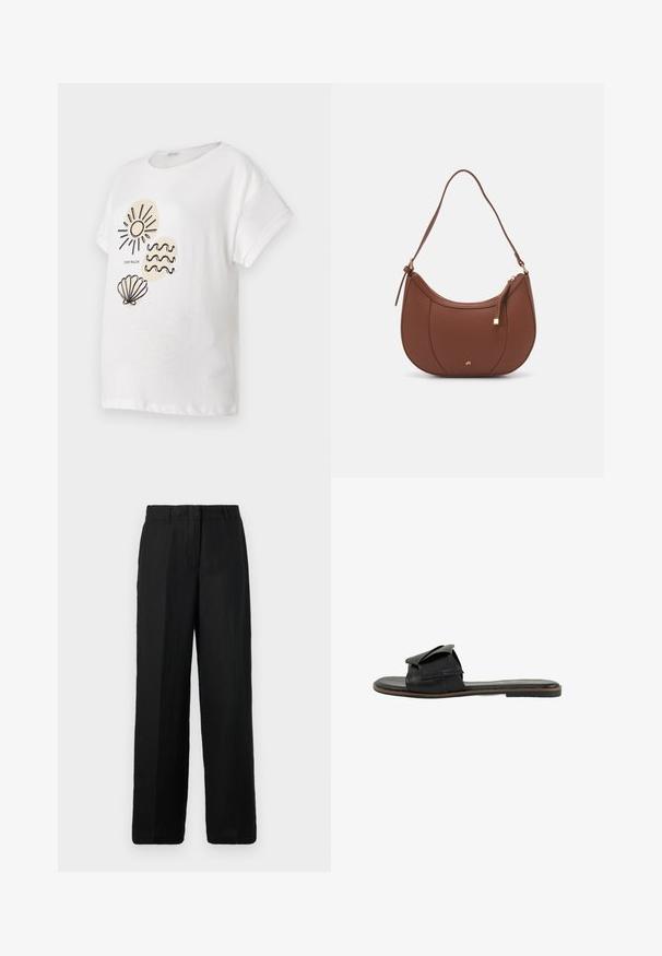 Camiseta de algodón blanca de manga corta con dibujos en línea negra de un sol, olas y una concha en el frente.; Pantalones de pierna ancha negros hechos de una tela ligera. Presentan un frente plano con pasadores para el cinturón y bolsillos laterales, ofreciendo un ajuste relajado.; Sandalia deslizante de cuero negro con una tira ancha y detalle de pliegue, diseño de punta abierta, suela plana y acentos de costura.; Bolso de hombro de imitación cuero marrón con forma curva, costura mínima y un acento de hardware en tono dorado. Presenta un cierre de cremallera en la parte superior y una correa ajustable.
