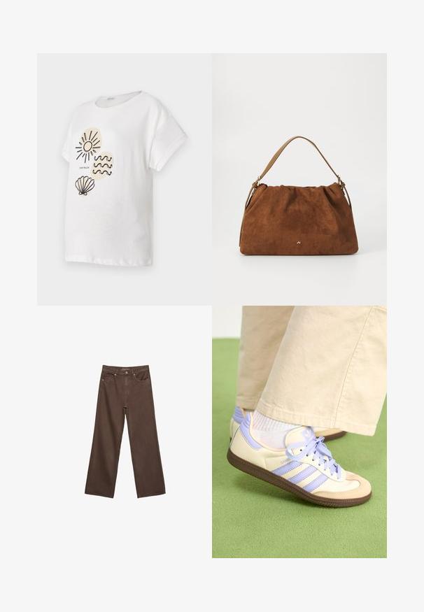 Biely bavlnený tričko s krátkymi rukávmi, na prednej strane s čiernymi čiarovými kresbami slnka, vĺn a ulitky.; Džínsy s širokými nohavicami v hnedej farbe, vyrobené z denimu, so zvýšeným pásom, prednými vreckami a klasickým zapínaním na gombík. Hladká textúra s jemným prešívaním.; Krémovo-fialové tenisky so tromi pruhmi a štruktúrovanou hnedou podrážkou, s šnúrkami a polstrovaným opätkom. Mäkký textilný zvršok.; Hnedá semišová kabelka s nariaseným dizajnom, s jedným koženým remienkom v svetlohnedej farbe a jemným zlatým logom na prednej strane.
