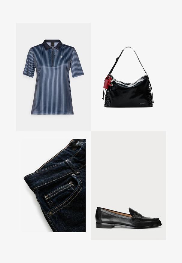 Námořnické polo tričko s krátkými rukávy, svislými bílými pruhy, zipovým límečkem a malým logem na hrudi. Hladký, lehký materiál.; Tmavě modré džíny z denimu s kontrastním oranžovým prošíváním, s přední kapsou, detaily s nýty a hladkým povrchem.; Lauren Ralph Lauren WYNNIE - Polobotky - black; Černá kožená kabelka s uvolněným designem, se šněrováním po stranách a červenou akcentovou štítkem. Disponuje dlouhým nastavovacím popruhem.