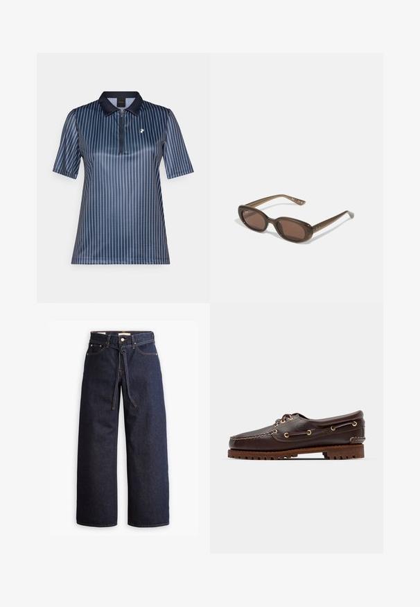 Námornícky polo tričko s krátkymi rukávmi, vertikálnymi bielymi pruhmi, zipsovým golierom a malým logom na hrudi. Hladký, ľahký materiál.; Široké tmavomodré denimové džínsy s vysokým pásom, so šnúrkou na sťahovanie, piatimi vreckami a kontrastným prešívaním.; Hnedé kožené loďkové topánky so zlatými očkami, okrúhlymi šnúrkami a štruktúrovanou hnedou gumovou podrážkou. Obsahuje prešívané detaily a vyvýšené logo.; Hnedé oválne slnečné okuliare s tmavými sklami. Rám je vyrobený z priesvitného hnedého materiálu a na spánkoch má vytlačené logo.