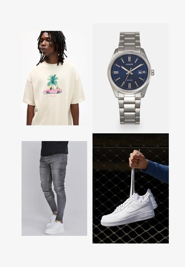 Tricou oversized bej, cu un print grafic colorat ce reprezintă un cabriolet roz, palmieri și cuvântul "Miami". Textil moale cu mâneci scurte.; Blugi skinny din denim gri estompat, cu detalii uzate la genunchi, asortați cu adidași albi. Textură netedă, design slim fit.; Adidași albaștri din piele cu perforații, vârf rotund, talpă plată și șireturi groase, cu un logo swoosh vizibil și cu inscripția "AIR" pe toc.; Ceas de mână din oțel inoxidabil argintiu cu un cadran albastru marin, marcaje orare metalice și o fereastră pentru dată la ora 3. Rezistent la apă până la 50 de metri.