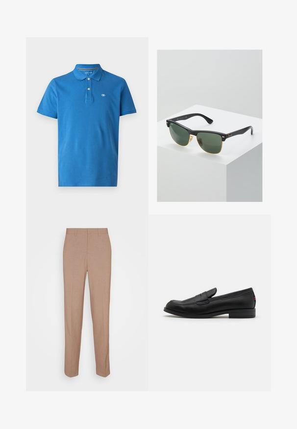 Modra polo majica iz bombaža, z ovratnikom, dvema gumboma, kratkimi rokavi in majhnim logotipom na prsih.; Bež hlače po meri iz gladkega, teksturiranega tkanja. Ravnega kroja z elastičnim pasom brez vidnih okraskov ali žepov.; Črne usnjene mokasine z gladko površino, zaobljenim nosom in majhnim okrasnim preklopom. Imajo nizek zložen peto in subtilen detajl blagovne znamke.; Sončne naočale Ray-Ban z zelenimi lečami, črnimi plastičnimi okvirji in zlatimi poudarki na robovih. Kvadratna oblika z mat površino.