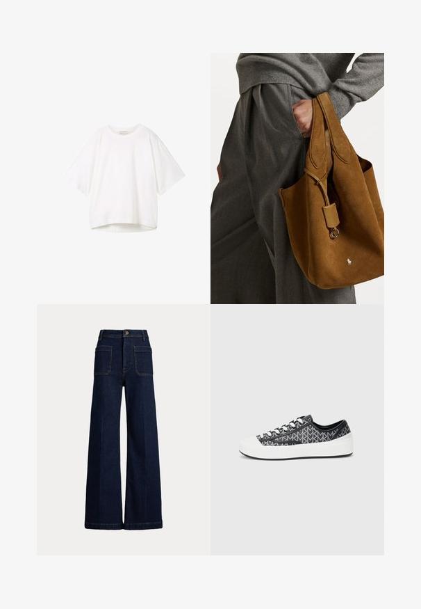 Valkoinen lyhythihainen t-paita, jossa on pyöreä pääntie, rento istuvuus ja hieman kaareva helma. Valmistettu sileästä ja pehmeästä kankaasta, jossa on minimaalinen sauma.; Korkeavyötäröiset, tummansiniset leveälahkeiset farkut, joissa on viisi taskua ja erottuva tikkaus. Sisältää nappisuljin ja jämäkän muodon.; Mustat ja harmaat kuviolliset lenkkarit, joissa on valkoinen kuminen varvasosa, nauhatasku ja teksturoidut mustat yksityiskohdat sivuilla.; Ruskea mokkanahkainen kassis on pyöreä muoto, kaksinkertaiset kahvat ja metallinen yksityiskohta. Edessä on pieni logo.