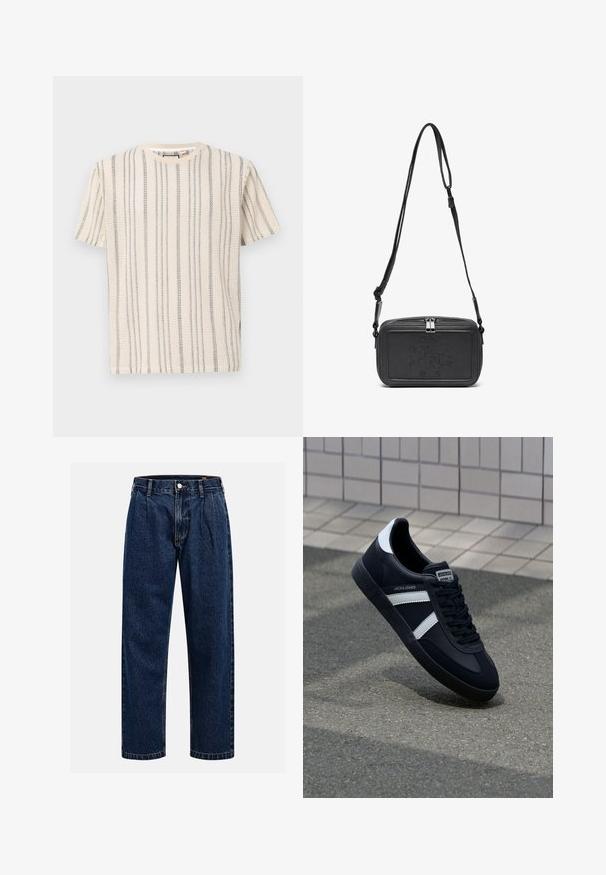 Kratki rukavi pleteni majica u bež boji s verticalnim tamnosivim prugama. Sadrži okrugli izrez i teksturiranu tkaninu. Nema vidljivih ukrasnih elemenata.; Tamno plave traperice s ravnim krojem. Imaju vidljivo šivanje, kopčanje na dugme i prednje nabore za dodatne detalje.; Crne kožne tenisice s bijelim prugama, strukturirana gumena potplate i vezanjem sprijeda. Ima oznaku brenda na jeziku.; Crna kožna torbica preko tijela s patentnim zatvaračem, ugraviranim logotipom sprijeda i podesivim remenom. Glatka tekstura s pravokutnim oblikom.