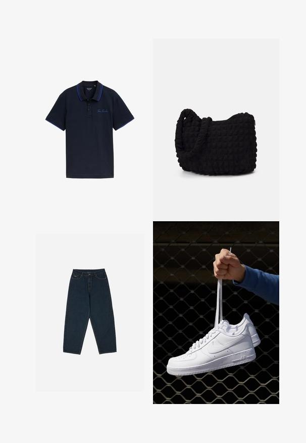 Marinblå polo t-shirt med två knappar, kontrasterande blå krage och ärmdetaljer samt broderad "Tom Tailor"-logotyp på bröstet.; Mörkblå, högmidjade jeans med avslappnad passform, som har fem fickor och knappstängning. Tillverkade av denim med en slät yta.; Vita lädersneakers med perforeringar, rund tå, platt sula och tjocka snörning, med en synlig swoosh-logga och "AIR" på hälen.; Svart tygväska med en strukturerad, vadderad yta. Rund form, korta, tjocka handtag och en mjuk, flexibel struktur.