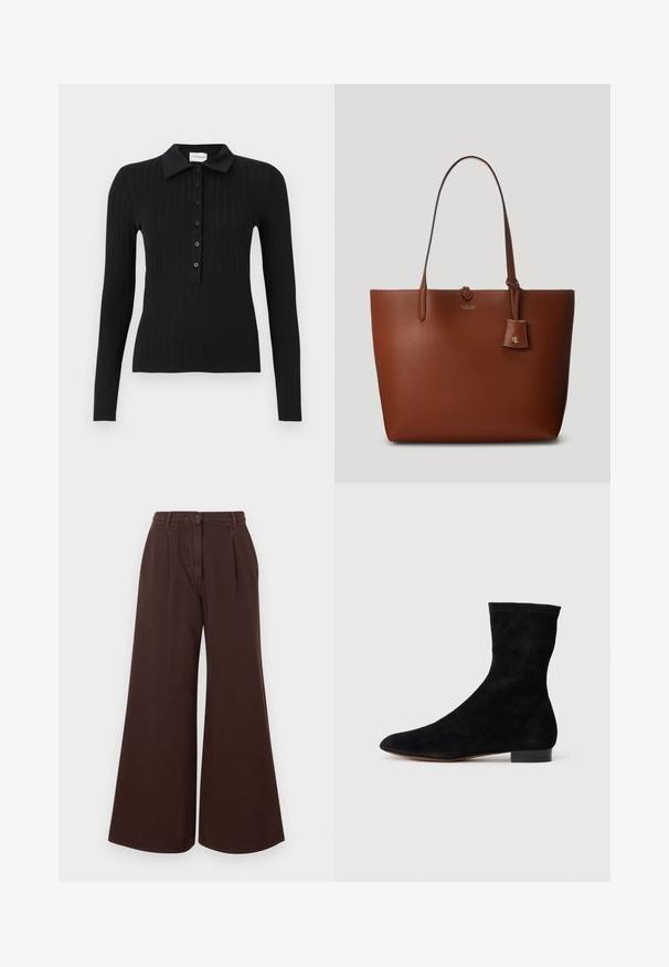Zwarte geribbelde poloshirt met lange mouwen, een kraag en een knoopsluiting aan de voorkant. Heeft een getailleerd ontwerp en een gladde textuur.; Hoge taille, wijde bruine broek met knoop- en ritssluiting, riemlussen en voorplooien.; Zwarte suède enkelboot met een aansluitende schacht, puntige neus en een lage blokhak. Gladde textuur en minimalistisch ontwerp, geschikt voor veelzijdige styling.; Bruine lederen tote bag met twee handvatten, een klein bijgevoegd label en een subtiele logo aan de voorkant. Glad textuur met gestructureerde vorm.
