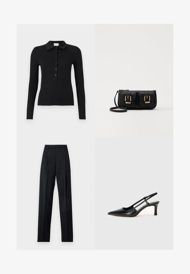 Polo negru cu manșon lung, cu tiv și închidere cu nasturi. Prezintă un design ajustat și o textură netedă.; Pantaloni negri dintr-un material neted, cu talie înaltă, picioare largi, pliuri frontale și loop-uri clasice pentru curea. Fără buzunare laterale vizibile.; Pantofi cu toc slingback negri din patent, cu vârf ascuțit, cu imprimeu de șarpe texturat, curea ajustabilă și toc scurt texturat.; Geantă neagră din piele, tip crossbody, cu două buzunare frontale, catarame aurii, închidere cu fermoar și o curea subțire. Suprafață texturată și formă rectangulară compactă.