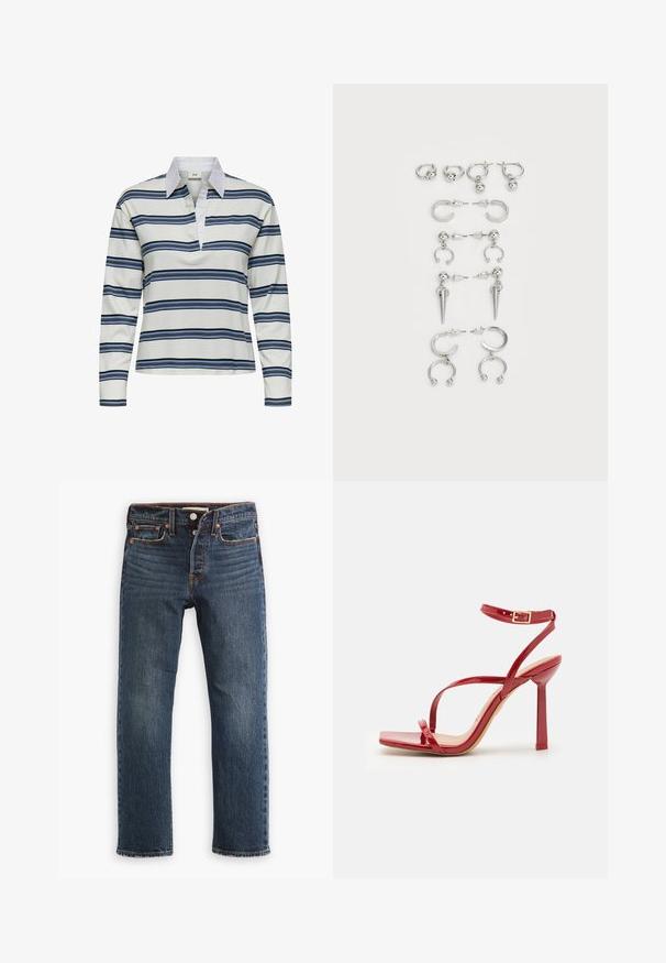 Ilga rankovė polo marškiniai, pagaminti iš minkštos medžiagos, su horizontaliai juodais ir mėlynais dryžiais ant baltos fono. Įtrauktas tradicinis apykaklė.; Tamsiai mėlyni džinsai iš džinso audinio, tiesios kojų iškirptės. Turi priekinės kišenes, sagų užsegimą priekyje ir matomas siūlių detales. Dėvėtas tekstūros efektas.; ALDO SCINTILLA - Aukštakulniai sandalai - red; Sidabro auskarų rinkinys, kuriame yra įvairių dizainų: žiedai, studai ir kabančios stiliai, su rutuliukų akcentais ir smailiais elementais.