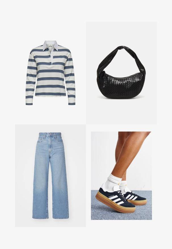 Langermet polo skjorte laget av myk stoff, med horisontale svarte og blå striper på hvit bakgrunn. Inkluderer en tradisjonell krage.; Lys blå høytlivs vide jeans med knapp- og glidelås lukking foran, foran og bak lommer, på en hvit bakgrunn.; Svarte sneakers i semsket skinn med hvite striper og detaljer, rund tå, yttersåle i gummigummi, kombinert med hvite ribbestrikkede crew-sokker.; Svart vevd skinnhåndveske med en buet form, utstyrt med et tykt håndtak og glidelås. Strukturer overflate med en blank finish.