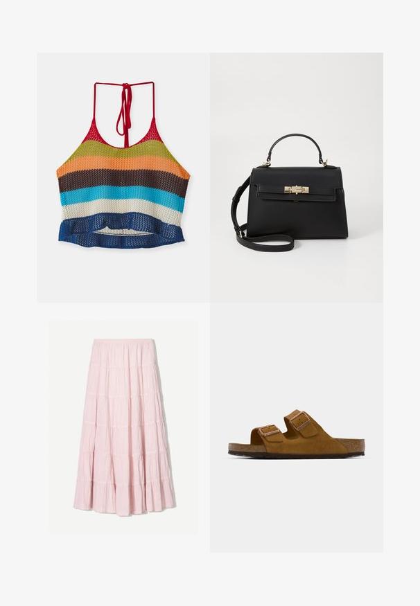 Multibarevný háčkovaný crop top s červenými ramínky, s vodorovnými pruhy v oranžové, zelené, hnědé, modré a bílé. Detail s volánovým lemem.; Světle růžová, vrstvená maxi sukně vyrobená z texturované, lehké látky. Elastický pas a volný lem se zdobením v podobě volánků.; Hnědé semišové sandály na klínu se dvěma nastavitelnými pásky, korkovou stélkou a texturovanou gumovou podrážkou. Minimalistický design bez dalších ozdob.; Černá kožená kabelka se strukturovaným designem, horním držadlem, odnímatelným ramenním popruhem a zlatými kováními. Obsahuje přední zapínání na klips.