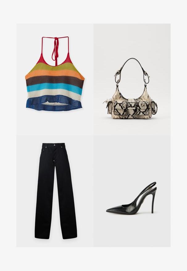 Multicolored crochet crop top with red straps, featuring horizontal stripes in orange, green, brown, blue, and white. Ruffled hem detail.; Black wide-leg pants made of cotton, featuring a zip fly, two front pockets, and a classic five-pocket design with metal hardware accents.; Black slingback pump with a pointed toe, textured snake pattern, stiletto heel, and a decorative buckle on the strap.; Python-print handbag in beige and black, featuring a structured shape, buckle detail, and dual shoulder straps. Textured surface.