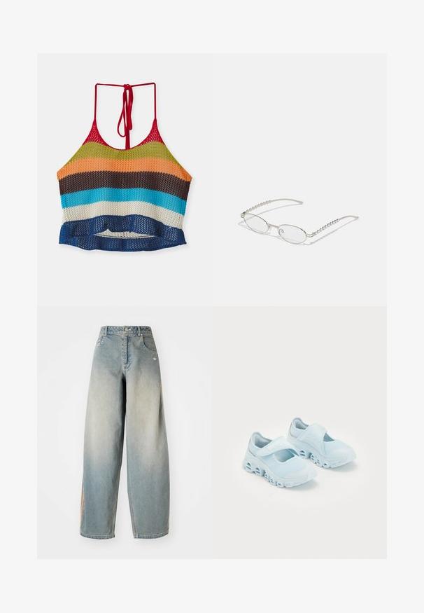 Multikleurige gehaakte crop top met rode bandjes, voorzien van horizontale strepen in oranje, groen, bruin, blauw en wit. Rimpeldetail aan de onderkant.; Lichtblauwe denim wijde broek met een vervaagde afwerking. Bevat voorzakken, een knoopsluiting en een subtiele logo op de tailleband.; Lichtblauwe sneakers met mesh-stof, opvallende uitsparingen in de zool en een klittenbandsluiting bovenop voor een stevige pasvorm.; Ovale brillen met een metallic zilveren montuur, heldere glazen en getextureerde kraalaccenten op de tempels. Lichtgewicht ontwerp met gebogen armen.