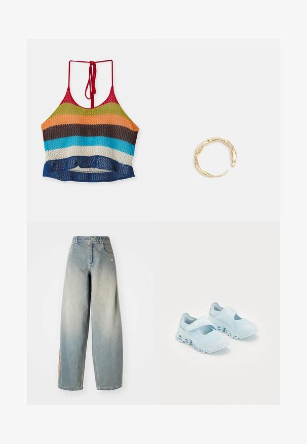 Daugiaspalvis nerti trumpas viršus su raudonomis petnešomis, puošta horizontaliosiomis juostelėmis oranžinės, žalios, rudos, mėlynos ir baltos spalvos. Raukiniais apdailinta apačia.; Šviesiai mėlynos džinsinės plačios kojos kelnės su nusidėvėjusiu paviršiumi. Yra priekiniai kišenės, mygtuko uždarymas ir subtilus logotipas ant liemens juostos.; Šviesiai mėlyni sportbačiai su tinklelio audiniu, akcentuotais įpjovimais pado dalyje ir Velcro dirželiu viršuje, užtikrinančiu saugų prigludimą.; Auksinės spalvos žiedas, turintis organišką, sukimosi dizainą su lygiu paviršiumi ir siaurėjančiais galais, sukuriantis modernią skulptūrinę išvaizdą.