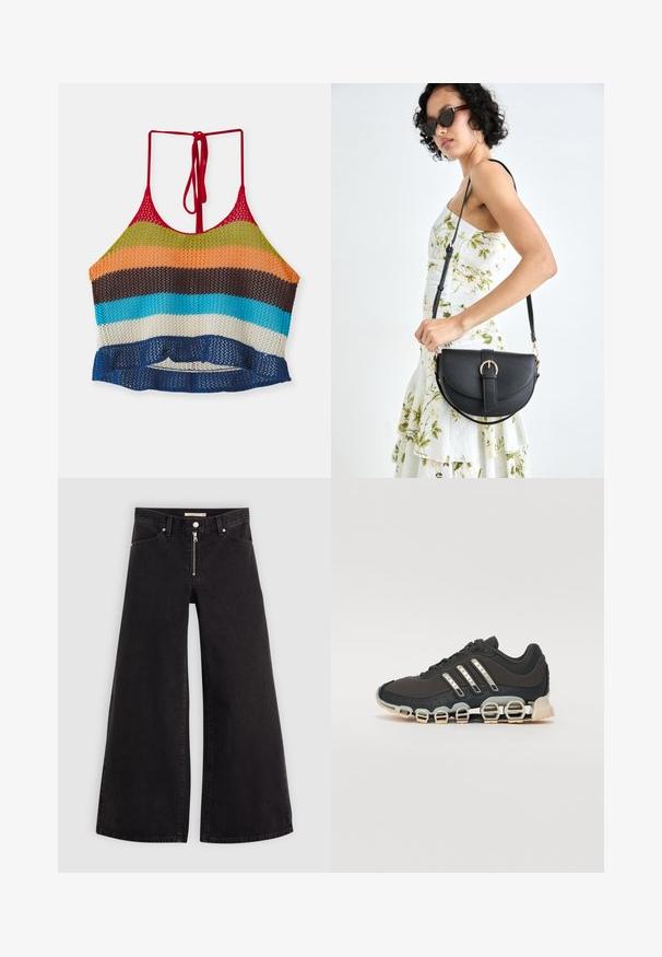 Top corto de ganchillo multicolor con tirantes rojos, que presenta rayas horizontales en naranja, verde, marrón, azul y blanco. Detalle con volante en el dobladillo.; Jeans de pierna ancha en denim negro con cierre frontal, diseño de cinco bolsillos y detalles de costura sutiles. Textura suave y estilo casual.; Zapatilla deportiva negra con parte superior texturizada, tres rayas plateadas y una suela de amortiguación distintiva que presenta múltiples secciones integradas.; Bolso de piel negra con forma curva, correa desmontable y herrajes dorados. El bolso cuenta con una solapa con un detalle de hebilla.