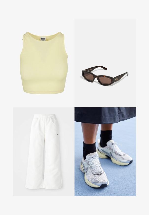 Light yellow ribbed crop top with a round neckline and sleeveless design. Features a label with "URBAN CLASSICS" inside the collar.; White athletic pants with a wide-leg design, elastic waistband, and a small black Nike logo on the left side. Smooth, lightweight material.; White and silver Nike sneakers with mesh fabric, reflective accents, and a beige sole. Worn with black socks, standing on a blue surface.; Brown tortoiseshell sunglasses with a rectangular shape, dark brown lenses, and gold "vogue" branding on the temples.