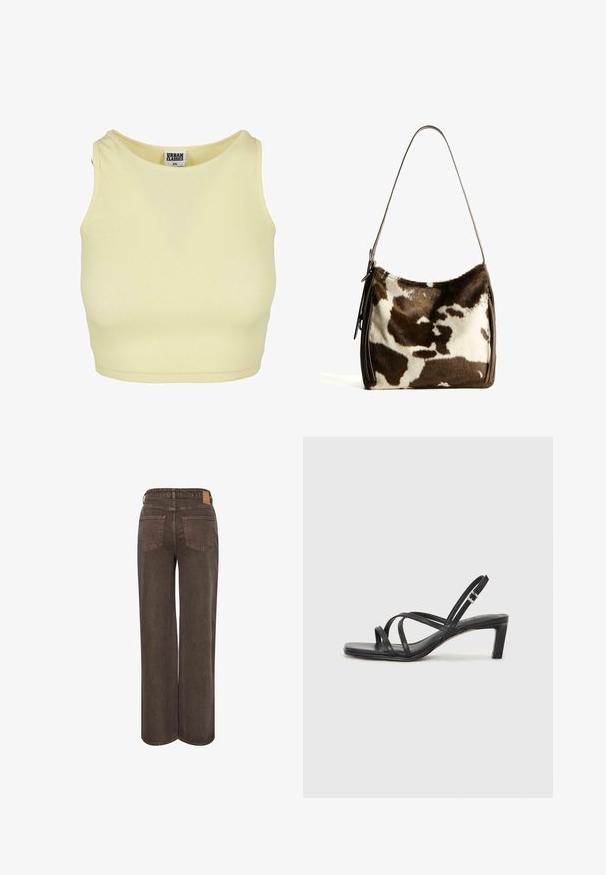 Helles gelbes, geripptes Crop-Top mit runder Ausschnittform und ärmellosem Design. Es hat ein Etikett mit "URBAN CLASSICS" im Kragen.; Weit geschnittene braune Denim-Hose mit hoher Taille, ausgestattet mit zwei Gesäßtaschen, einem Lederlogo-Patch am Bund und einer glatten Textur.; Schwarze Sandale mit Riemchen, quadratischer Zehenform und niedrigem Blockabsatz. Verfügt über mehrere dünne Riemen und einen verstellbaren Knöchelriemen. Hergestellt aus glattem Leder.; Braune und cremefarbene Kuhhaut-Umhängetasche mit einem glatten Ledertrageriemen, Reißverschluss und einer weichen, strukturierten Oberfläche mit einem natürlichen Muster.