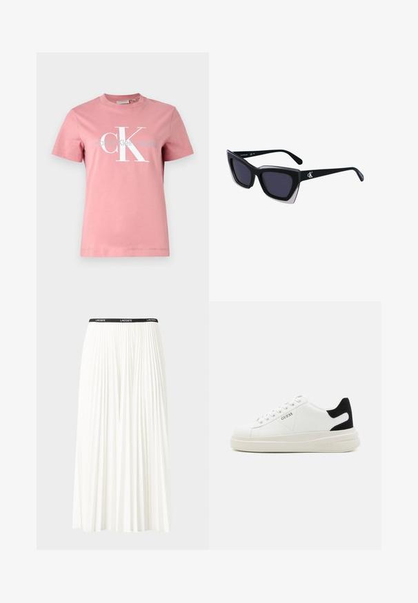 Roosa puuvillane t-särk lühikeste varrukatega. Esiküljel on suur valge "CK" logo ja kerge sinise värviga trükitud "Calvin Klein Jeans" tekst all.; Kurtitudega valge seelik musta elastse vööga, millel on "LACOSTE" logo. Keskmise pikkusega disain pehme tekstuuriga.; Valged nahast tennisetossud paksu valge tallaga, musta sametist kontsakeeuga ja külje peal riigilogo reljeefne kujundus. Lukkeskeem kuue silmaauguga.; Mustad suured mustad prillid geomeetrilise kujuga, tumedate läätsedega ja kontrastse halli detailiga raamidel. Logo käe peal.