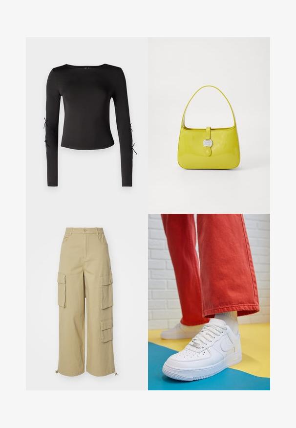 Črni dolg rokav s krožnim izrezom. Ima nastavljive zavezave na rokavih, izdelan iz gladkega, elastičnega materiala.; Bež hlače cargo z širokimi nogami, dvema velikima stranskima žepoma, sprednjima žepoma in detajlom s ponjavico na robu. Mešanica bombaža.; Beli usnjeni športni čevlji s perforiranim prstnim delom, teksturiranim podplatom in belimi vezalkami, v kombinaciji s širokimi rdečimi hlačami in modro-rumeno ozadje.; Rumena lakirana usnjena torbica s strukturirano obliko, zgornjim ročajem in sprednjim zapiranjem na pritisni gumb, ki ima okroglo kovinsko logotipno okrasje.