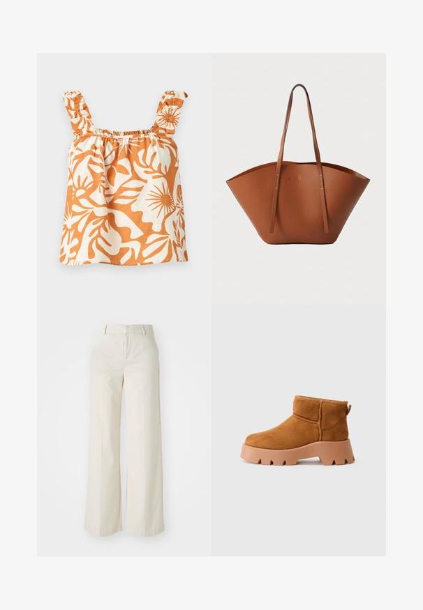 Oranžs un krēmveidīgs ziedu raksts uz apģērba bez piedurknēm ar viļņotām plecu siksnām un elastīgu kakla izgriezumu. Izgatavots no viegla auduma. Plūstošs siluets.; Platas kājās bikses gaisā bežā krāsā, izgatavotas no gludas auduma. Iezīmē klasisku jostasvietu un plakanu priekšpusi ar tīrām līnijām.; Kreklu zamšveida potītes ar noapaļotu degunu, tekstūrētu brūnu zoli un vilkšanas cilpu. Piedāvā šuvju šuvumu un pamatīgu platformas dizainu.; Brūna ādas somiņa ar plašu, strukturētu formu, plānām rokturēm un teksturētu virsmu. Iespējo minimālistisku dizainu bez redzamiem aksesuāriem.