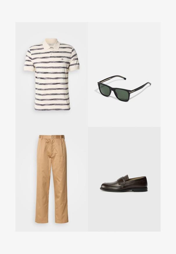 Kreemivärvi triibuline polo särk, millel on tumblue triibud. Omab volditud kraed, kahte nuppu ja väikest brändilogo rinnal.; Khekilõngid, puuvilla segu, sirge jala disain, ees olevad voldid, vööloopid ja nupuga sulg. Sile tekstuur ilma mustriteta.; Calvin Klein Jalga libistatavad jalanõud - cocoa brown; BOSS Päikeseprillid - black
