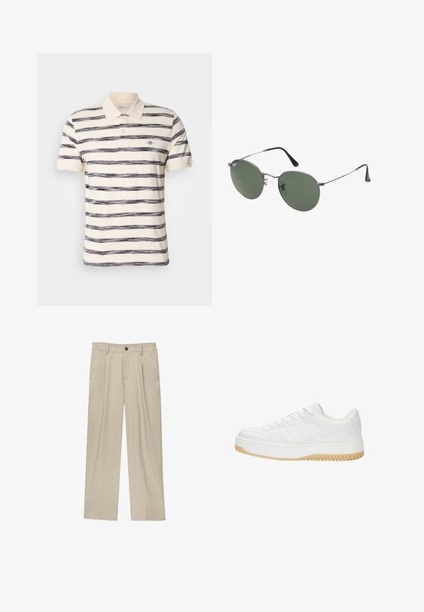Gestreepte polo shirt in crème met marineblauwe horizontale strepen. Voorzien van een opstaande kraag, twee knopen en een klein merklogo op de borst.; Beige broek met een rechte snit, voorzien van een enkele zwarte knoop, riemlussen en zijzakken. Glad stoffen textuur en een minimalistisch ontwerp.; Witte leren sneaker met een gematteerde afwerking, met een rubberen zool, vetersluiting en subtiele streepaccenten aan de zijkanten.; Metalen zonnebril met ovale groene lenzen. Dunne zilveren metalen rand en zwarte oorstoppers. Minimalistisch ontwerp, zonder zichtbare logo's.