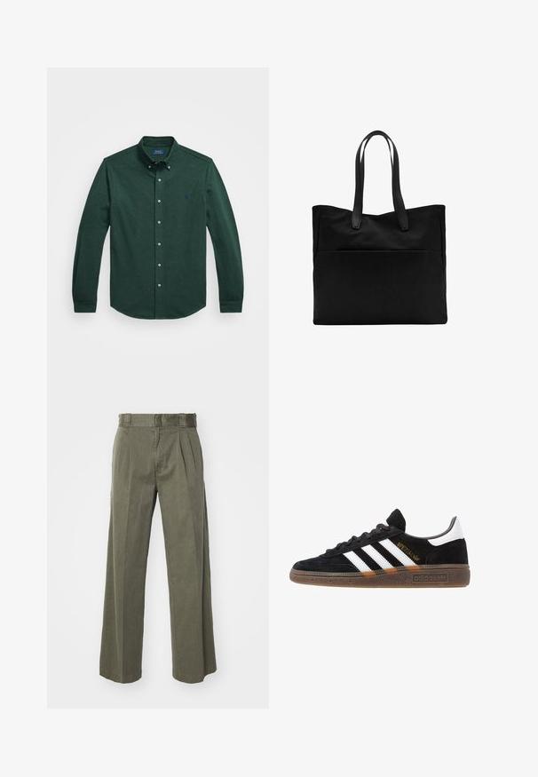 Cămașă închisă la culoare, cu mânecă lungă, cu nasturi, guler cu nasturi și un logo mic brodat pe partea stângă a pieptului, pe fundal alb.; Cămașă cu carouri verzi, cu dungi portocalii, bleumarin și albe. Dispune de un guler clasic și mâneci lungi, realizată dintr-un material din bumbac moale.; Pantaloni de culoare verde măsliniu, cu un design larg și lejer, dotati cu pliseuri frontale. Realizați dintr-un material texturat cu un talie standard și fără unelte vizibile.; Sneaker Adidas negre cu dungi albe, text aurit "Spezial", talpă din cauciuc și tab de călcare alb, prezentat din vedere laterală.; Geantă tote neagră, cu două mânere lungi, realizată dintr-un material textil neted. Prezintă un buzunar frontal și un design minimalist. Fără elemente hardware vizibile sau modele.; Ceas digital Casio cu brățară din metal roz auriu, carcasă rectangulară, display iluminat și rezistență la apă, afişând ora și data.