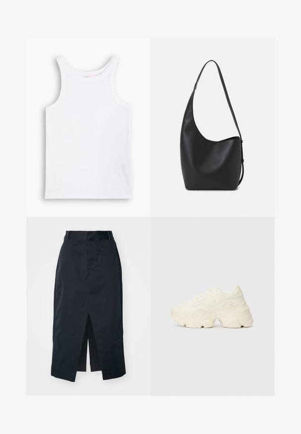 Biele bavlnené tielko s širokými ramienkami, okrúhlym výstrihom a hladkou, rebrovanou textúrou. Bez vzorov alebo akcentov.; Tmavomodrá midi sukňa vyrobená z bavlnenej zmesi, s predným rozparkom, skrytým zipsom a bočnými vreckami pre väčšiu funkčnosť.; Masívne biele tenisky vyrobené z texturovanej sieťoviny a syntetických materiálov, s hrubou podošvou a zložitými vzorovými detailmi na bokoch.; Čierna kožená hobo taška so hladkou textúrou, zakriveným tvarom a jedným nastaviteľným popruhom; má široké otvorenie na vrchu.