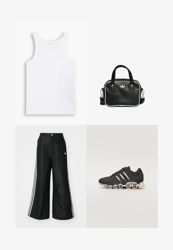 Witte katoenen tanktop met brede schouderbanden, een ronde halslijn en een gladde, geribbelde textuur. Geen patronen of accenten aanwezig.; Zwarte denim broek met wijde pijpen, voorzien van drie witte strepen aan elke zijkant en een klein wit logo. Heeft voorzakken en een knoopsluiting.; Zwarte sportschoen met een gestructureerde bovenkant, drie zilveren strepen en een kenmerkende dempingszool met meerdere geïntegreerde secties.; Zwarte leren handtas met twee korte handvatten, zilverkleurige hardware, witte accenten en een wit logo. Heeft een gestructureerd oppervlak en een compact ontwerp.