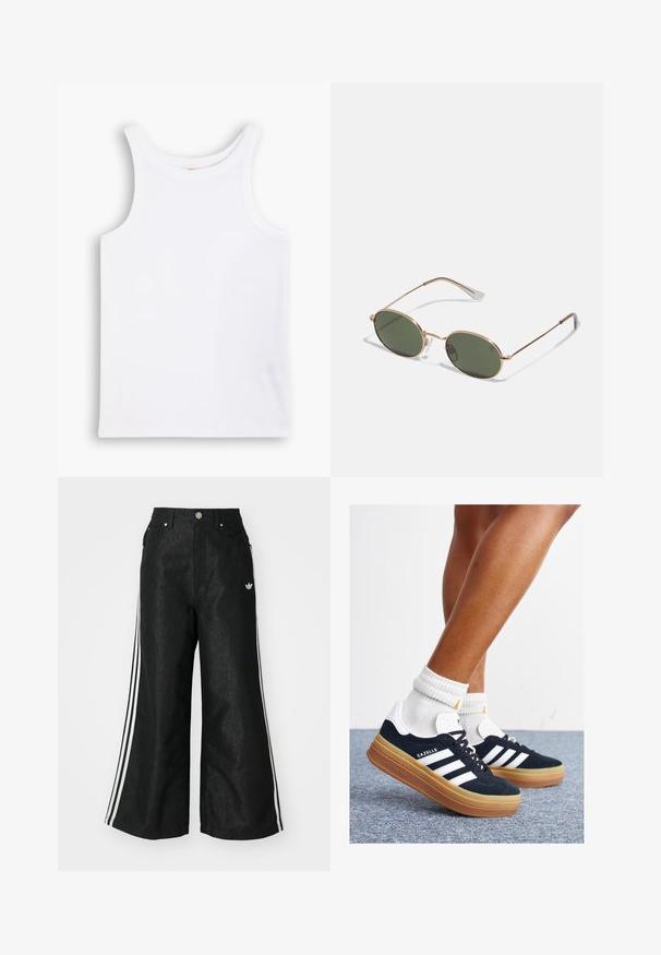 Bela bombažna majica brez rokavov z širokimi naramnicami, okroglo ovratnico in gladko, rebrasto teksturo. Brez vzorcev ali dodatkov.; Črne široke jeans hlače z dvema belima črtama na vsaki strani in majhnim belim logotipom. Imajo sprednje žepke in zapiranje na gumb.; Črni antilop superge z belimi črtami in poudarki, okrogel prst, gumijasti podplat, kombinirane z belimi rebrastimi nogavicami.; Zlate kovinske sončne očala z ovalnimi zelenimi lečami, tankimi ročaji in prozornimi gumenimi konicami za udobje. Minimalističen dizajn brez vidne blagovne znamke.; Svetlo rjav torbica z črnimi lakastimi usnjenimi dodatki, zaobljene oblike, dvojni ročaji in izbočeno črno logotip na sprednji strani.