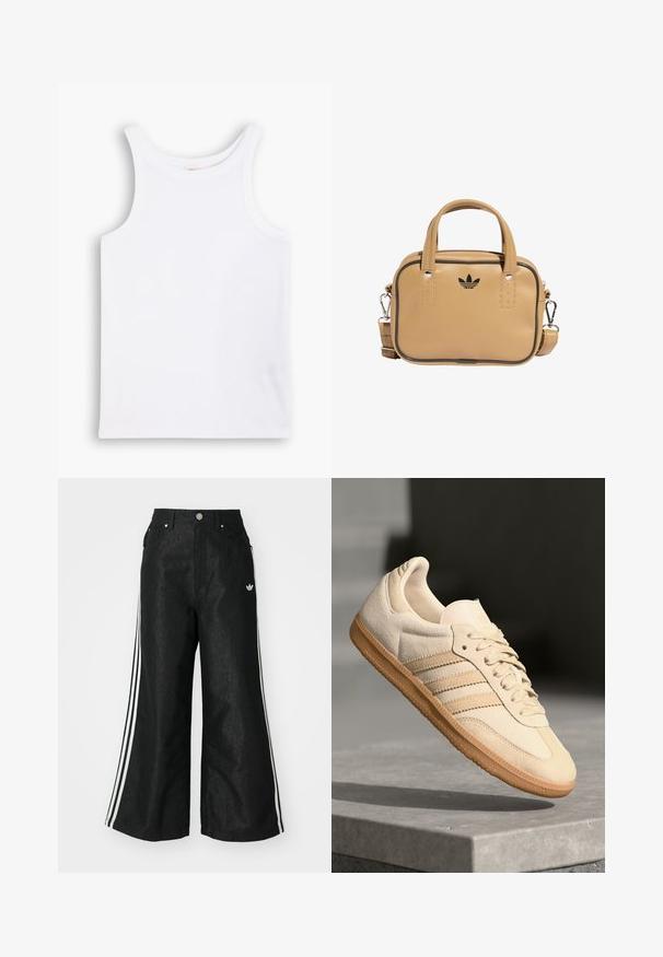 Biele bavlnené tielko s širokými ramienkami, okrúhlym výstrihom a hladkou, rebrovanou textúrou. Bez vzorov alebo akcentov.; Čierne džínsy s širokým strihom, s tromi bielymi pruhmi po stranách a malým bielym logom. Obsahujú predné vrecká a zapínanie na gombík.; Svetlo béžová semišová teniska s gumovou podrážkou, tromi diagonálnymi pruhmi a textúrovaným špičkovým krytom. Obsahuje logo na jazyku a boku.; Hnedá vegánska kožená taška s dvoma uchami, odnímateľným ramenným popruhom, čiernym dekoratívnym prešívaním a malým čiernym logom na prednej strane.