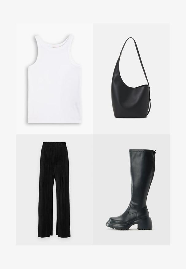 Camisola de algodão branca, sem mangas, com alças largas, gola redonda e uma textura lisa e canelada. Sem padrões ou detalhes presentes.; Calças pregueadas pretas com uma cintura elástica. Apresentam pernas largas e um tecido liso, texturizado com riscas verticais.; Bota preta de couro alta com sola de plataforma robusta e salto bloco, apresentando puxador e padrão texturizado na sola.; Saco hobo preto em pele com uma textura lisa, forma curva e uma única alça ajustável; apresenta uma abertura larga na parte de cima.