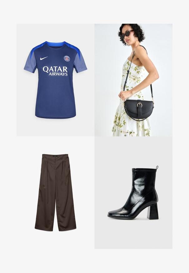 Marineblå Nike fotballtrøye med rund hals, korte ermer og grå detaljer. "QATAR AIRWAYS" trykt i hvitt. Laglogo på brystet.; Vide bukser i mørkebrunt stof med en glat overflade. Funktioner omfatter plisseringer foran og en standard talje.; Svart patent ankelstøvel med firkantet tå og chunky geometrisk hæl. Har en jevn, shiny tekstur og en rear pull tab for enkel påkledning.; Svart lærveske med en buet form, avtagbar stropp og gullbeslag. Vesken har et klaff med spenne-detall.