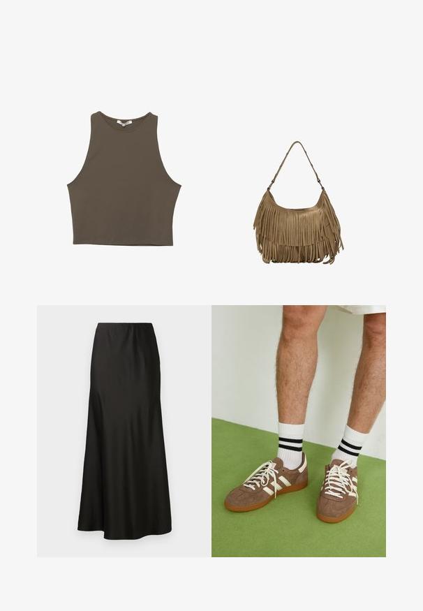Ruskea hihaton crop-top, jossa on pyöreä kaula-aukko, valmistettu sileästä kankaasta. Siinä on yksinkertainen, tiukka muotoilu ja siistit reunat.; Musta satiininen maksihame, jossa on sileä pinta, korkeavyötärö ja hulmuava alaosa. Ominaisuuksiin kuuluu yksinkertainen muotoilu ilman näkyviä kuvioita tai metalliosia.; Ruske nahkate sneakerit valkoisilla korostuksilla ja nauhoilla. Kumi-gumipohja. Yhdistetty valkoisiin sukkiin, joissa on mustia raitoja. Vihreä teksturoitu lattia.; Ruskea mokkanahkainen käsilaukku, jossa on pitkät fringer yksityiskohdat, kaareva muoto ja yksi olkahihna. Pinta on sileä ja teksturoitu.