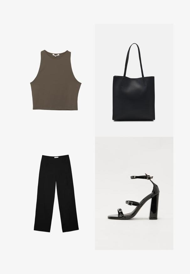 Brauner ärmelloser Crop-Top mit Rundhalsausschnitt, aus glattem Stoff gefertigt, mit einem einfachen, taillierten Design und klaren Kanten.; Schwarzfarbene weite Hosen aus einem glatten Stoff, mit einem schlichten Design und einem dezenten seitlichen Reißverschluss zum Verschließen.; Schwarze patentierte Sandalen mit Absatz, quadratischer Spitze, Knöchelriemen und silbernen Schnallen. Mit einem stabilen Blockabsatz für mehr Stabilität.; Schwarze Laptoptasche aus Leder mit glatter Textur, rechteckiger Form und zwei langen Griffen. Keine sichtbaren Beschläge oder Verzierungen.