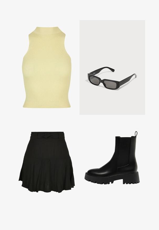 Top smanicato a costine di un morbido giallo, con collo alto e silhouette aderente. Realizzato in un morbido tessuto jersey elasticizzato per garantire comfort.; Gonna nera con design svasato, dotata di un dettaglio in vita annodato e tessuto leggero, creando morbidi drappeggi all'orlo.; Stivale alla caviglia in pelle nera con pannello laterale testurizzato, punta tonda e suola platform spessa con motivo a zigzag.; Occhiali da sole rettangolari neri con lenti grigie, realizzati in plastica liscia. Presentano un design minimalista con steli dritti e un branding discreto.