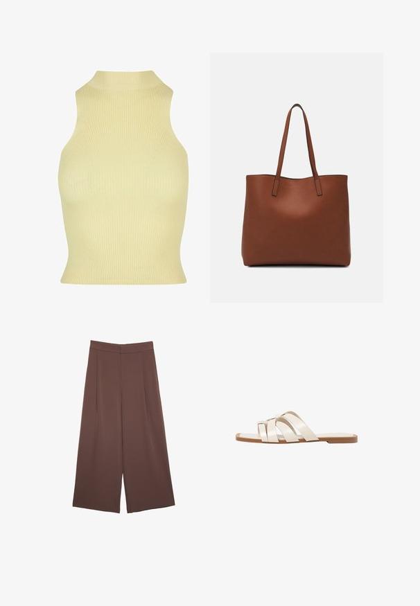 Ribbed sleeveless top in soft yellow, featuring a high neck and closely fitted silhouette. Made from a stretchy knit fabric for comfort.; Brown wide-leg trousers with a smooth texture, featuring a high waist and front pleats. The fabric is lightweight and flows loosely.; Flat sandals with a tan rubber sole, designed with three overlapping white leather straps and a small bow detail at the center.; Brown leather tote bag with a smooth texture, open top design, and two shoulder straps. Features minimal stitching and no visible hardware.