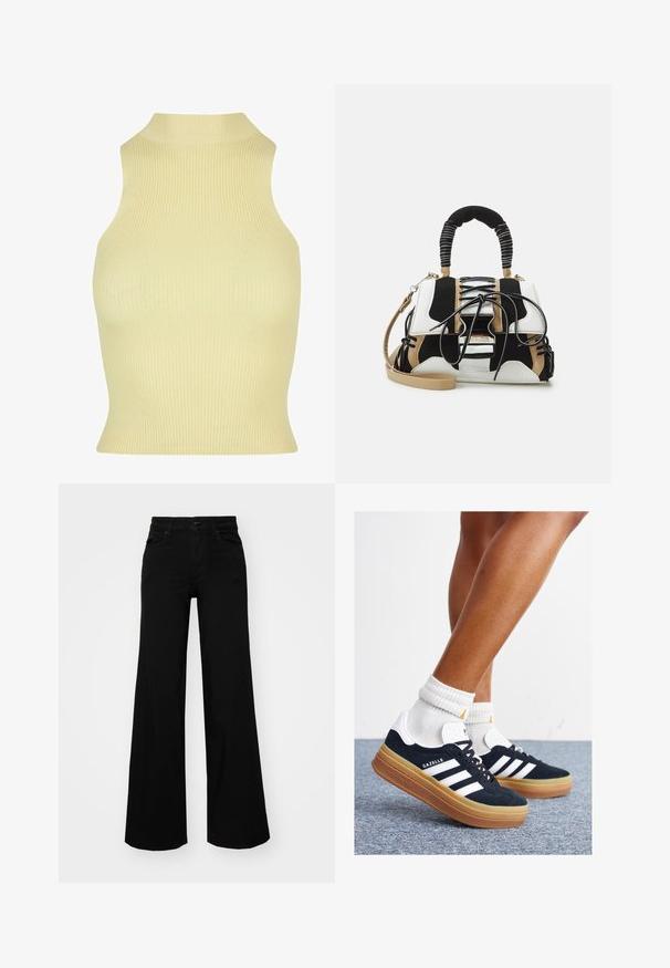 Ripplicher ärmelloser Oberteil in sanftem Gelb mit einem hohen Kragen und eng anliegender Silhouette. Hergestellt aus einem dehnbaren Strickstoff für mehr Komfort.; Schwarze weit geschnittene Hose aus Denim, mit einem strukturierten Bund, Gürtelschlaufen und Fronttaschen. Glatte Textur mit klassischem Design.; Schwarze Wildledersneaker mit weißen Streifen und Akzenten, rundlicher Zehenbereich, Sohlen aus braunem Gummi, kombiniert mit weißen, gerippten Sneakersocken.; Mehrfarbige Handtasche aus schwarzem, weißem und beigem Netzmaterial. Verfügt über einen strukturierten Griff, ein Schnürdesign und einen abnehmbaren Schultergurt.