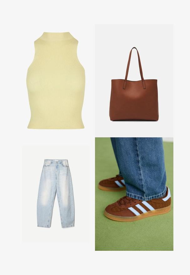 Csíkos ujjatlan felső puha sárgában, magas gallérral és szoros illeszkedéssel. Rugalmas kötött anyagból készült a kényelem érdekében.; Világoskék farmernadrág, laza szabással, elhasználódott hatással, két elülső zsebbel és gombos zárással a derékrészen.; Barna Adidas sportcipők fehér csíkokkal és gumitalppal, kék farmernadrággal párosítva, zöld szőnyegen.; Barna bőr vászontáska sima textúrával, nyitott tetejű dizájnnal és két vállpánttal. Minimális varrással és látható hardver nélkül készült.