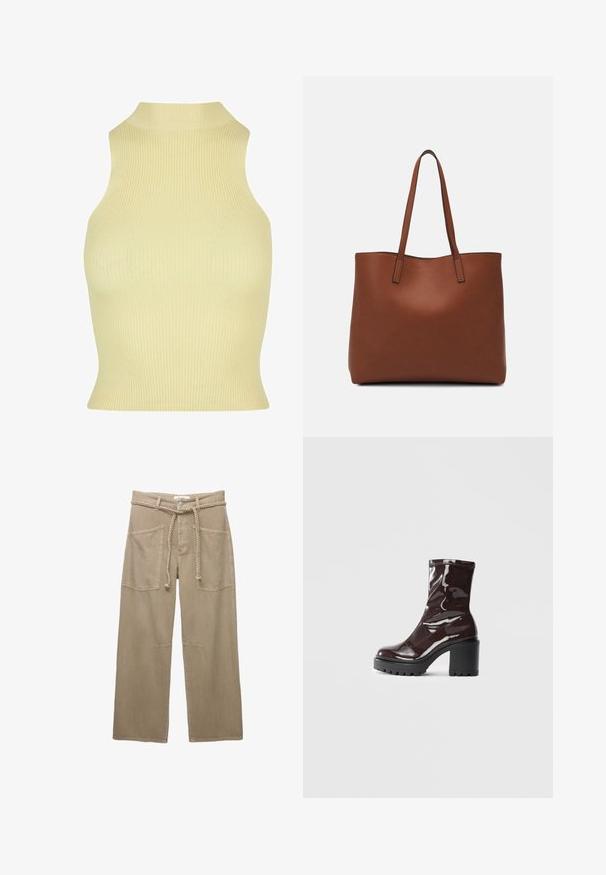 Ribbet tanktop uden ærmer i blød gul, med høj hals og tætsiddende silhuet. Fremstillet af en strækbar strikstof for komfort.; Beige vidde bukser lavet af slidstærkt stof, med store forlommer, et flettet bælte og diskrete stikninger.; Glatte burgunder ankelstøvler med en chunky sort hæl, der har en glat tekstur og et simpelt design. Ingen synlige lukninger eller mønstre.; Brun læder tote taske med en glat overflade, åben topdesign og to skulderremme. Har minimal syning og ingen synlig hardware.