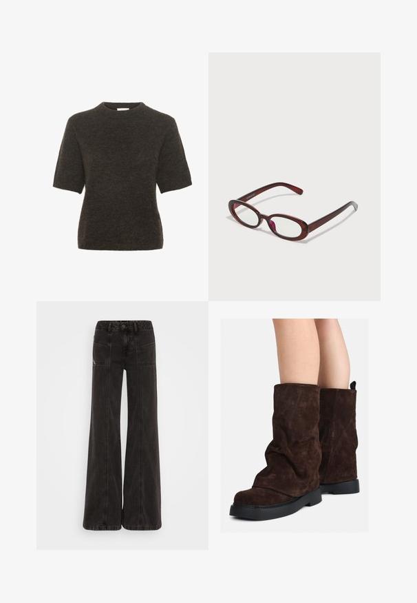 Rövid ujjú pulóver sötétszürke kötött anyagból. Kerek nyakkivágás, puha tapintás és laza szabás, minimális varrásokkal.; Fekete, bő szárú farmernadrág, magas derékkal, elülső zsebekkel és az varratok mentén tónusos cérnával.; Barna velúr, középig érő csizmák fekete gumitalppal, mezítláb viselve, a csizma szárán enyhe gyűrődések láthatók.; Ovális alakú piros napszemüveg átlátszó lencsékkel és karcsú barna kerettel. A dizájn diszkrét íveket és minimális szerelvényeket mutat.