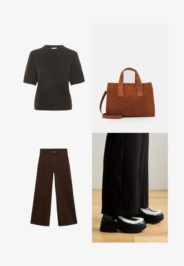 Pulover cu mânecă scurtă dintr-un material tricotat de culoare gri închis. Guler rotund, textură moale și o croială lejeră cu cusături minime.; Pantaloni largi maro dintr-un amestec de bumbac, cu un tiv desfăcut, închidere cu buton frontal și un design clasic cu cinci buzunare. Minimalist și versatil.; Pantofii cu platformă negri au o margine pufoasă albă, vârf rotunjit și o curea cu un buton metalic. Sunt purtați cu pantaloni negri pe un podea din lemn.; Geantă de mână din nubuc maro, cu două mânere superioare și o curea de umăr ajustabilă. Are o formă structurată și un design minimal.