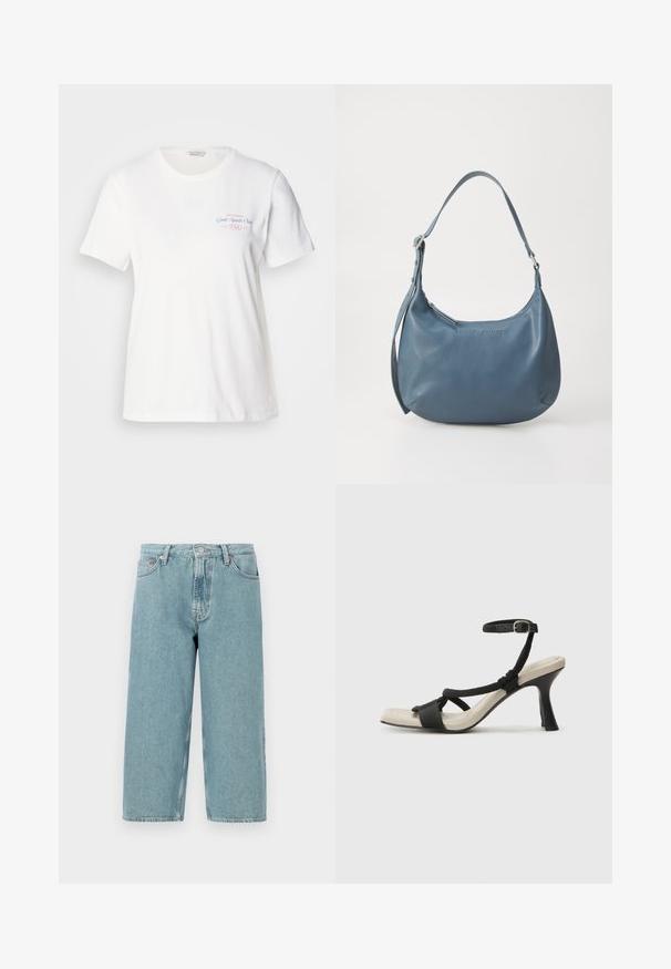 T-shirt in cotone bianco con maniche corte, scollo rotondo e stampa grafica rosa/blu con la scritta "Gant Sports Club 1949" sul petto.; Shorts in denim azzurro chiaro con vita alta, taglio dritto e orlo grezzo. Presentano una chiusura classica con bottone e zip, quattro tasche.; Sandal con tacco nero e design con cinturino intrecciato, punta quadrata e cinturino alla caviglia regolabile. Soletta beige chiaro con tacco nero lucido.; Borsa in pelle blu dalla forma arrotondata, con una sola tracolla, chiusura con zip e nome del marchio in rilievo sulla parte anteriore. Texture liscia.